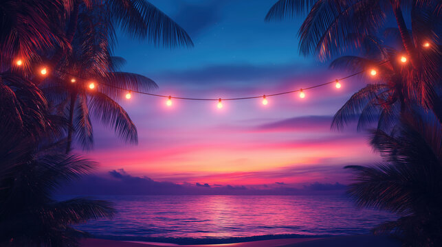 Tropical Beach Sunset with String Lights and Palm Trees