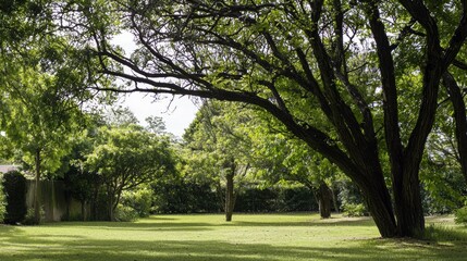 Lush Green Field with Sunlight Filtering Through Trees on a Serene Summer Day in a Natural Landscape