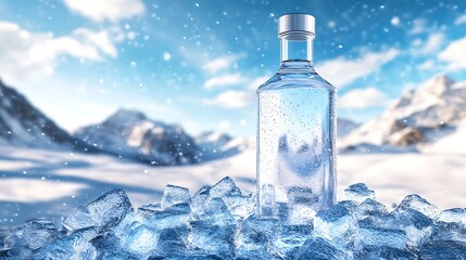 Clear Glass Bottle Displayed On Crushed Ice With Winter Mountainous Background and Snowflakes