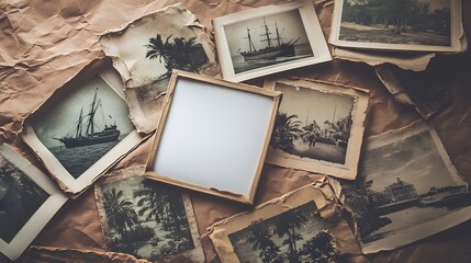 Arrangement Of Vintage Photographs And Blank Frame Over Brown Paper Background Creating A Nostalgic Composition