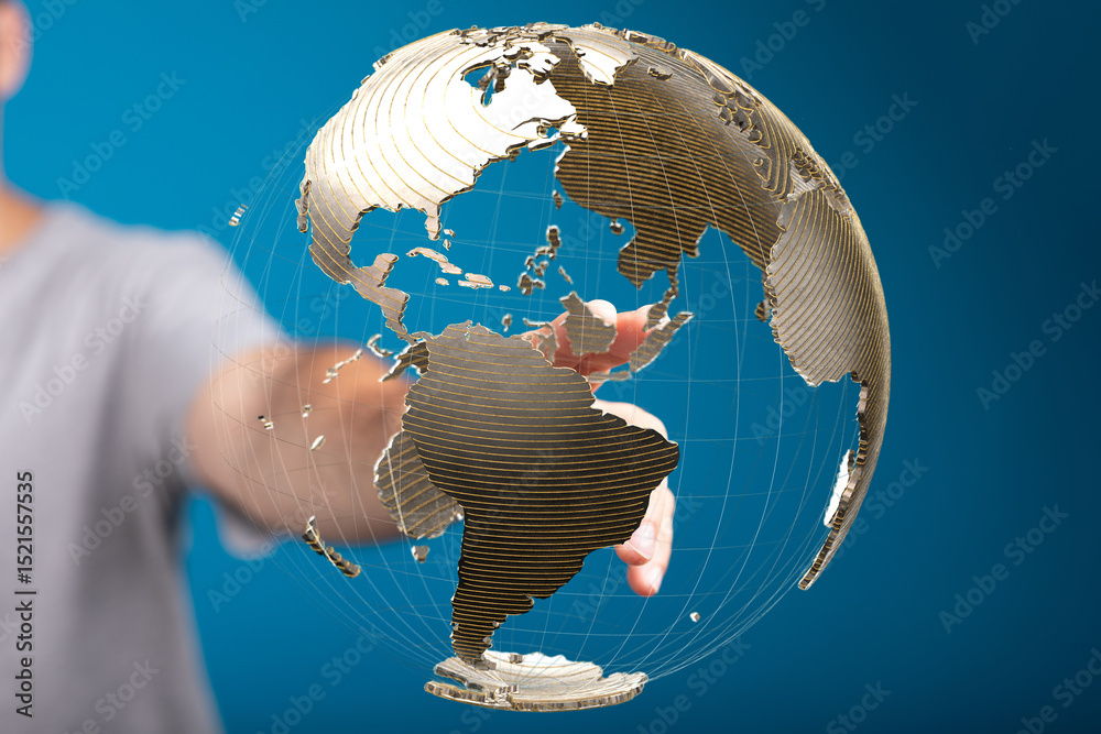 Poster High-quality stock photo of a hand interacting with a digital globe, representing global connectivity and networking.