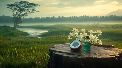 Coconut Oil Bottle And White Flowers On A Wooden Surface In A Grassy Field Under Sunlight