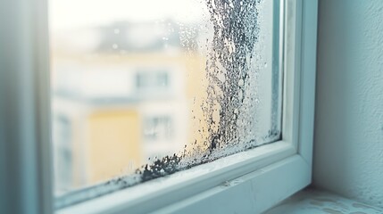 Close Up View of Condensation and Mold on a White Window Frame with a Blurred Residential Building Background