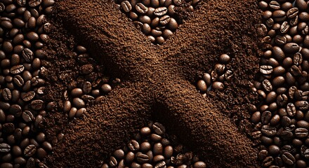 Close Up of Roasted Coffee Beans with Ground Coffee Forming Lines on Textured Surface in Brown Tones