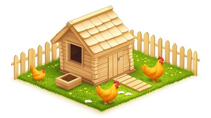 Isometric View of a Pixelated Chicken Coop with Three Chickens Grazing on Green Grass with a Wooden Fence Surrounding the Area Under Bright Sunlight