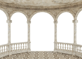 semicircular gazebo with arched columns, balustrade, and geometric pattern under the ceiling