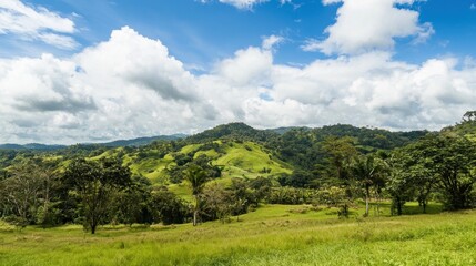 Fototapeta premium Lush Green Hills Under Blue Sky with White Clouds on A Bright Day In A Panoramic Landscape