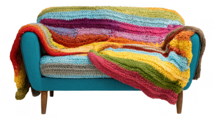 Vibrant, multicolored knitted blanket draping over a stylish teal sofa enhances a cozy interior with handmade warmth and comfort, featuring a transparent background for design versatility