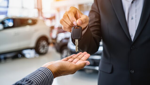 A car sales consultant hands over a car key to a client at a dealership.