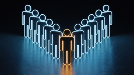 Glowing figure standing out among uniform crowd in leadership formation, symbolizing uniqueness, leadership, and potential.