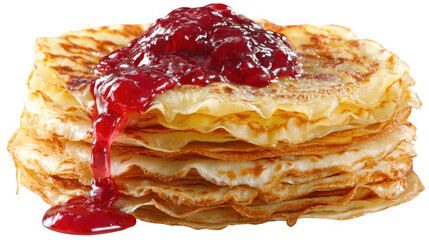Delicious stack of golden crepes topped with sweet raspberry sauce, dripping invitingly down the sides, isolated on a transparent background, perfect for food and breakfast related projects