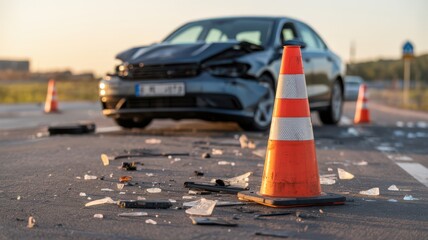 Traffic accident scene with broken car and safety cone on urban road. Representation of danger and road safety.