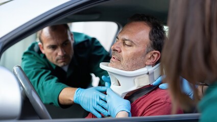 Injured man with a medical neck brace receiving medical attention after traffic incident inside car.