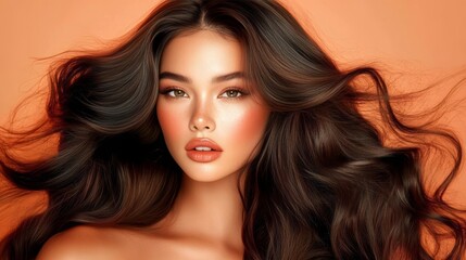 Fototapeta premium Glamour Beauty Portrait. Beautiful Woman Model with Luxurious Long Brown Hair, Flowing Hairstyle