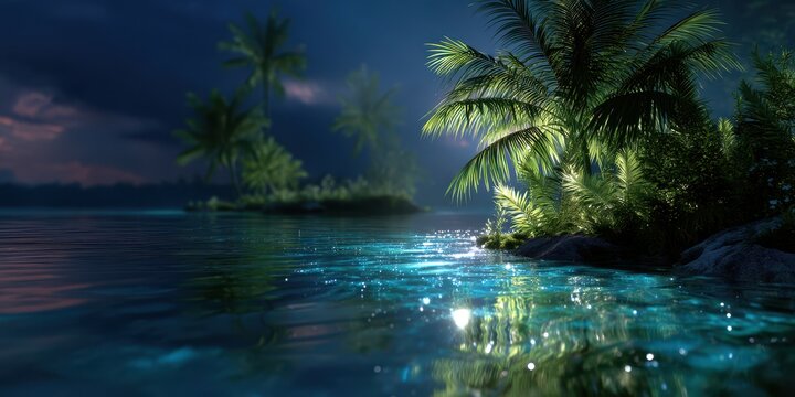 Tropical night landscape with shimmering water and illuminated palm trees under a starry sky