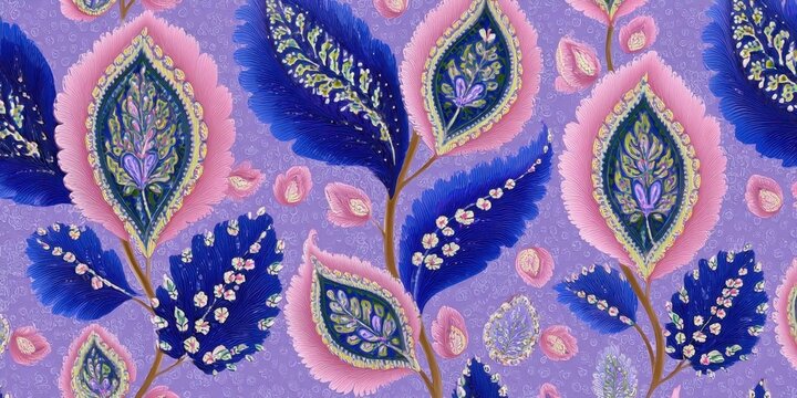 Seamless Paisley Pattern with Floral Damask Design in Pink, Blue, and Yellow