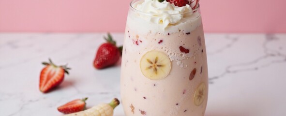 A refreshing banana milkshake garnished with whipped cream, strawberries, and banana slices, served in a glass jar with a straw, set against a pink background