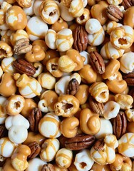 A delightful mix of caramelcoated popcorn, pretzels, and pecans, all coated in a sweet, gooey caramel sauce, creating a scrumptious snack treat