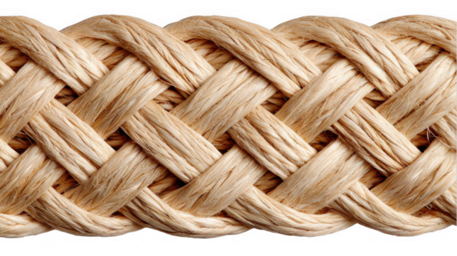 Close up of woven strands creating an intricate braided pattern, highlighting natural texture and craftsmanship on a transparent background, ideal for rustic design projects