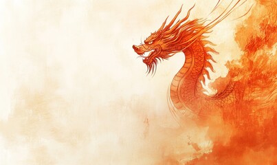 A Chinese dragon in bronze and crimson hues is set against a sandy beige background with subtle gold clouds