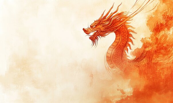 A Chinese dragon in bronze and crimson hues is set against a sandy beige background with subtle gold clouds