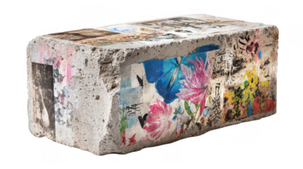 Concrete block showcasing a vibrant collage of floral patterns, graffiti art, and various imagery, set against a transparent background, blending urban and natural elements