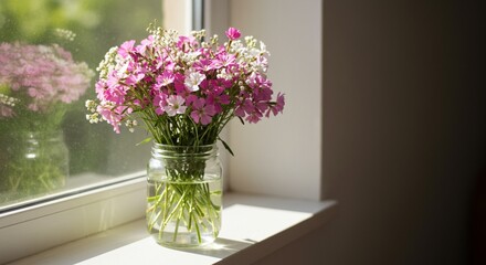 A soft focus shot of flowers in a glass jar on a windowsill, with soft morning light and bokeh.