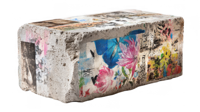 Concrete block showcasing a vibrant collage of floral patterns, graffiti art, and various imagery, set against a transparent background, blending urban and natural elements