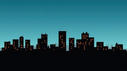 Night city skyline silhouette with illuminated windows