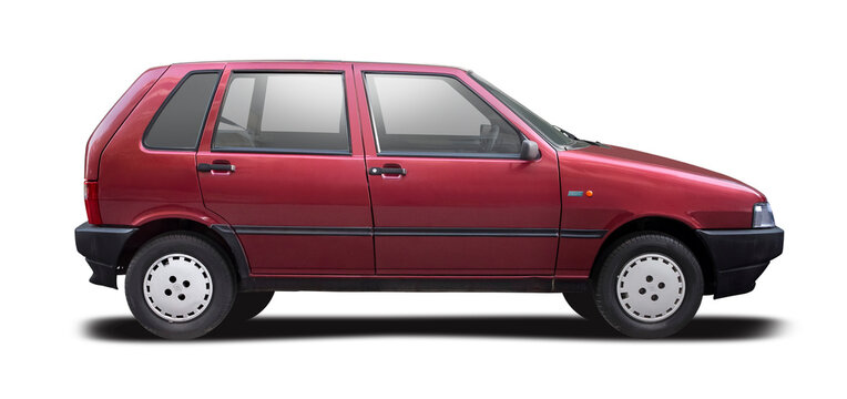 Fiat Uno classic car, side view isolated on transparent background. PNG