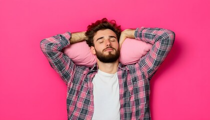Relaxed man resting on a pink pillow.