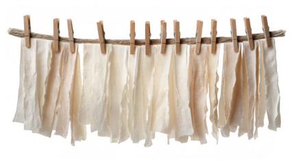 Freshly made sourdough pasta sheets are hanging on a clothesline to dry, dusted with flour, against a transparent background, ready for cooking
