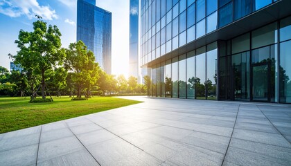 Fototapeta premium Modern Cityscape: Green Space and Glass Skyscrapers