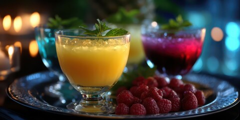 Refreshing drinks and fresh raspberries displayed on a silver platter in a warm, ambient setting during an evening gathering