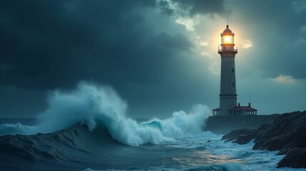 Lighthouse Standing Strong Against a Powerful Storm