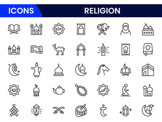 Sacred vector web line icons depicting religious symbols, faith, spirituality, worship, and diverse cultural beliefs with reverence.