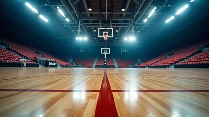 Interior view of a basketball arena with seating, lighting, and a scoreboard