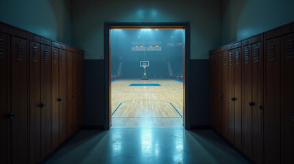View from the locker room hallway towards the basketball court