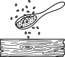 Spoon of rice grains falling on wooden table, minimalist line art illustration