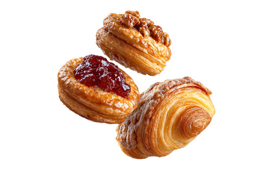 Three assorted pastries including a croissant, walnut Danish, and jam-filled pastry, floating on transparent background