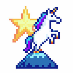 pixel unicorn on hill with shining star retro 8 bit style, fantasy digital art