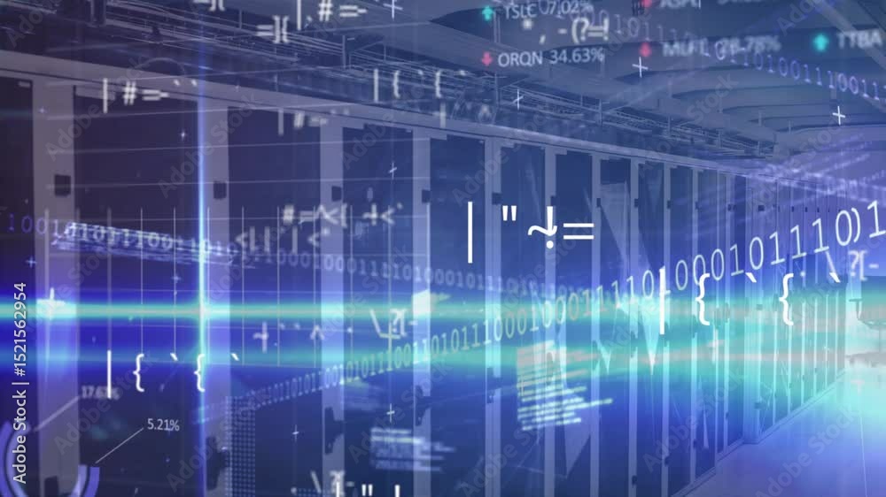 Poster triggered by code overlay, binary streams drifting through server aisle morphing to show data flow