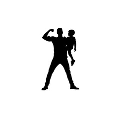 Protective Dad Vector Art - Flexing Arm with Hanging Kid Clipart