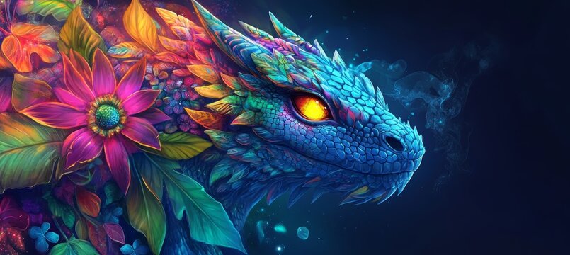 The dragon features a glittercore skin and a filigree transparent metallic rainbow leaf, generated by ai