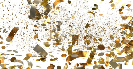 Celebrate with this dazzling image of gold confetti exploding on white. Perfect for party...