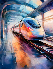 Naklejka premium A sleek, modern high-speed train waits at a futuristic station with a glass ceiling, rendered in a dynamic watercolor style