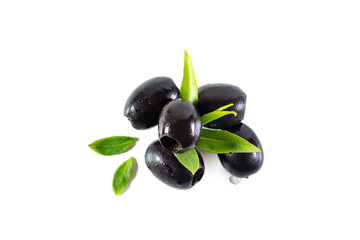 Ripe black olives with leaves on white background.