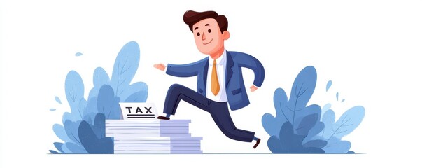 A happy businessman steps over a stack of tax papers surrounded by blue foliage, symbolizing overcoming tax challenges.