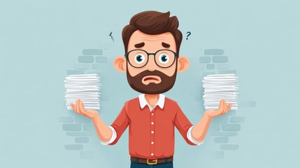 A man with glasses looks confused, holding large stacks of papers in both hands against a light background.
