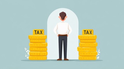 A man stands between two stacks of coins labeled "TAX," facing a doorway, symbolizing financial decisions or tax obligations.